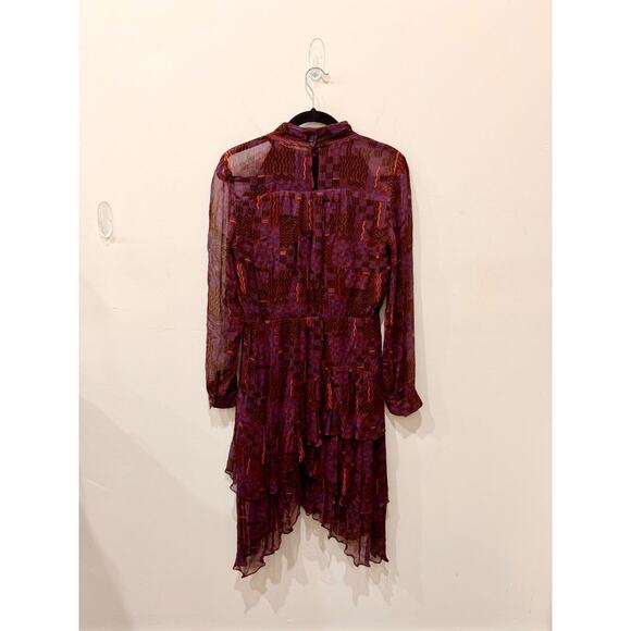 Ba&Sh Macha Silk Sheer Sleeve Asymmetric Tiered Ruffle Hem Midi Dress Burgundy 6 - Picture 3 of 5